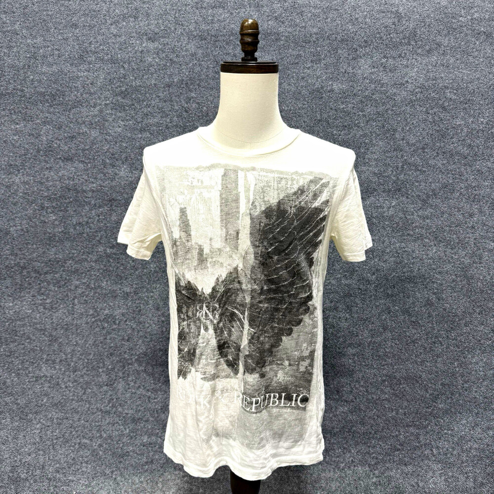Rock & Republic Mens Medium Tee White Black Eagle Wings Graphic Crew Neck Tee
